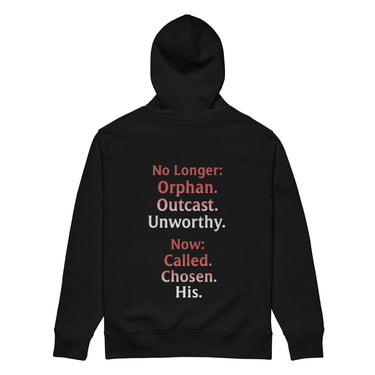 Renamed Hoodie Black flat lay mockup showing back word stack design